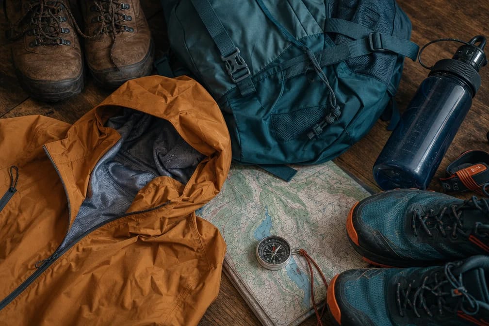 Équipement de trail running : veste imperméable, chaussures et sac à dos prêts pour la course