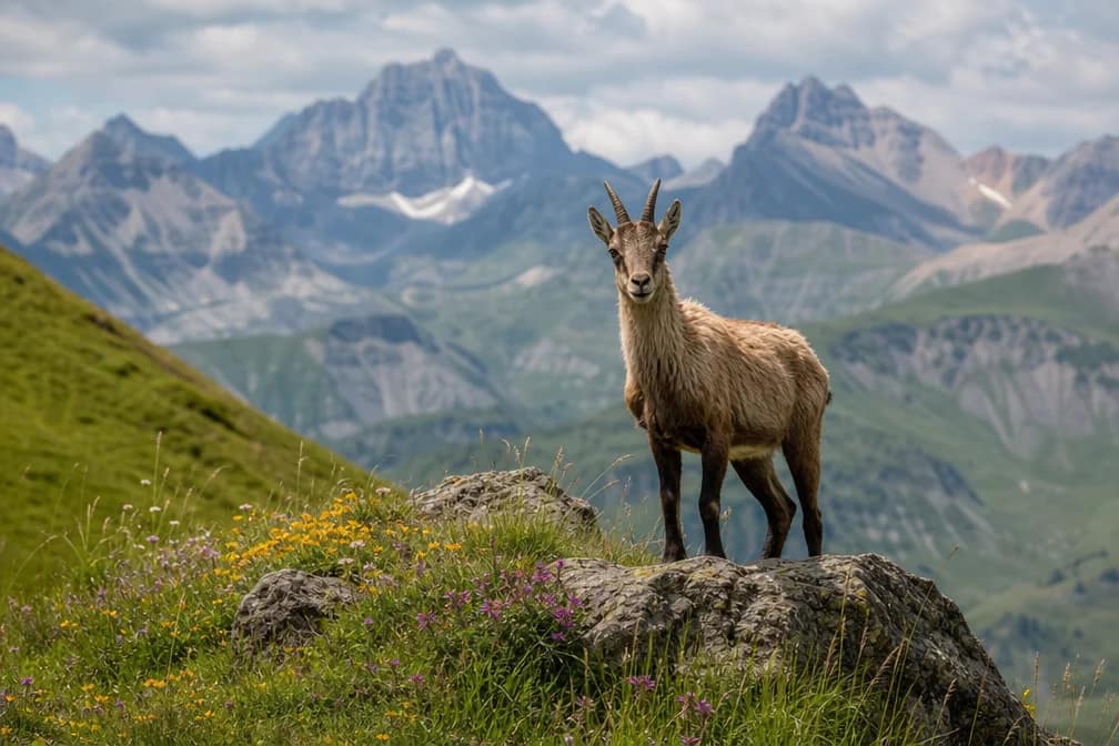 Isard sauvage sur un affleurement rocheux dans une prairie alpine des Pyrénées