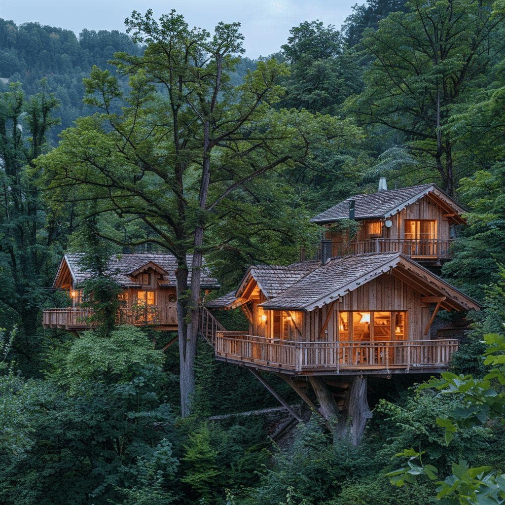 Complexe de cabanes en bois dans une forêt dense et verdoyante