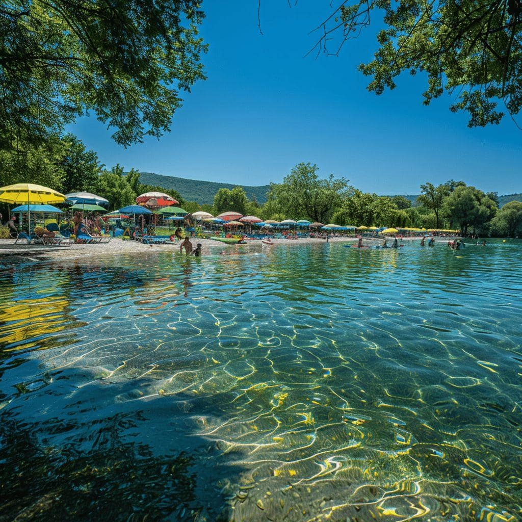 Piscine naturelle entourée d'arbres sous un ciel bleu et ensoleillé