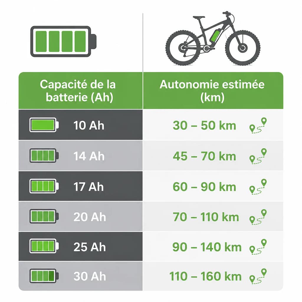 Infographie comparant capacité de batterie et autonomie estimée pour un VTT électrique
