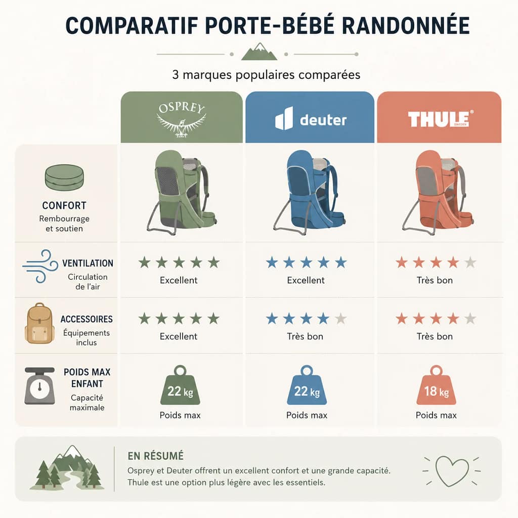 Infographie comparant le confort, l'aération et le poids maximal de plusieurs porte-bébés.