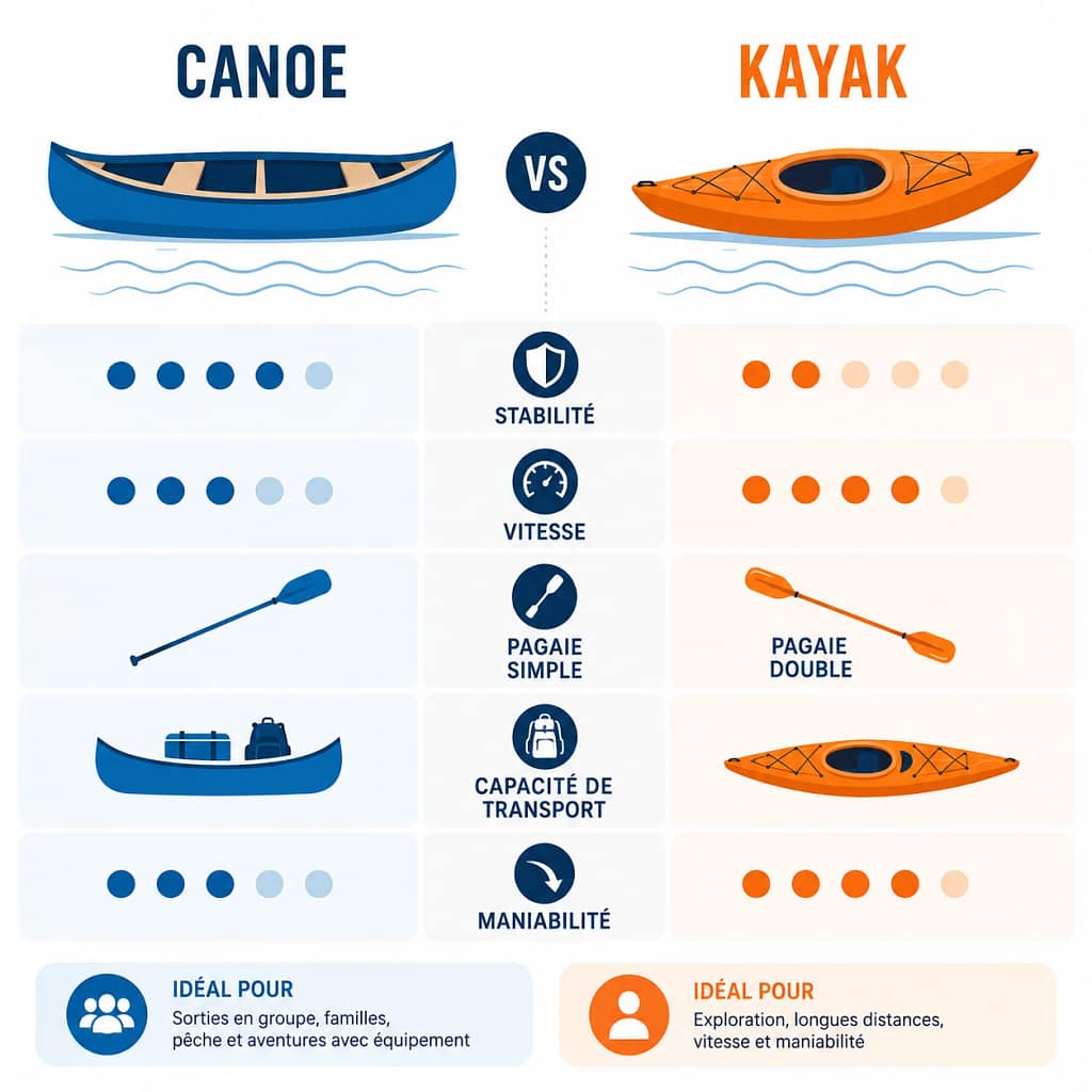 Infographie comparant les caractéristiques principales du canoë et du kayak