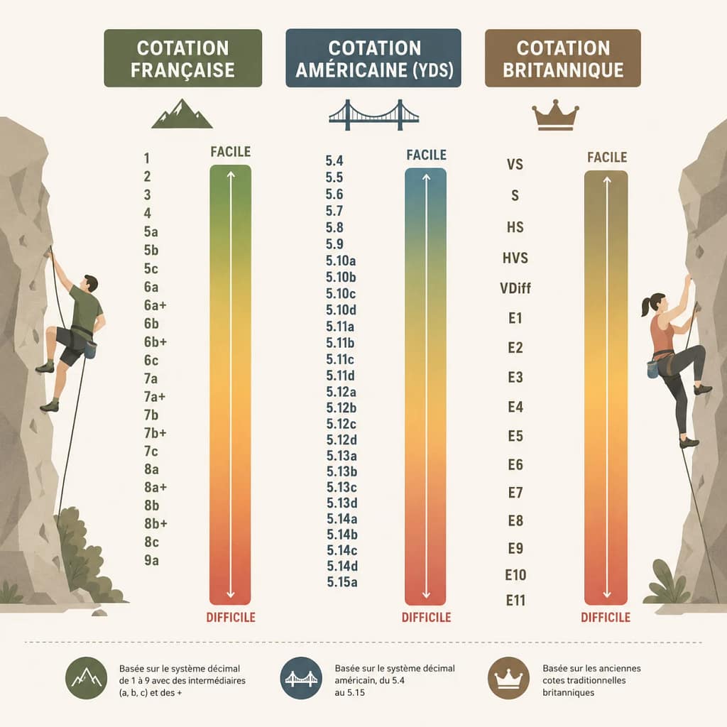 Infographie comparant les échelles de cotation française, américaine et britannique