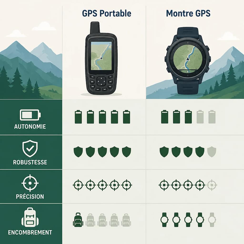 Infographie comparant les fonctionnalités d'un GPS portable et d'une montre GPS