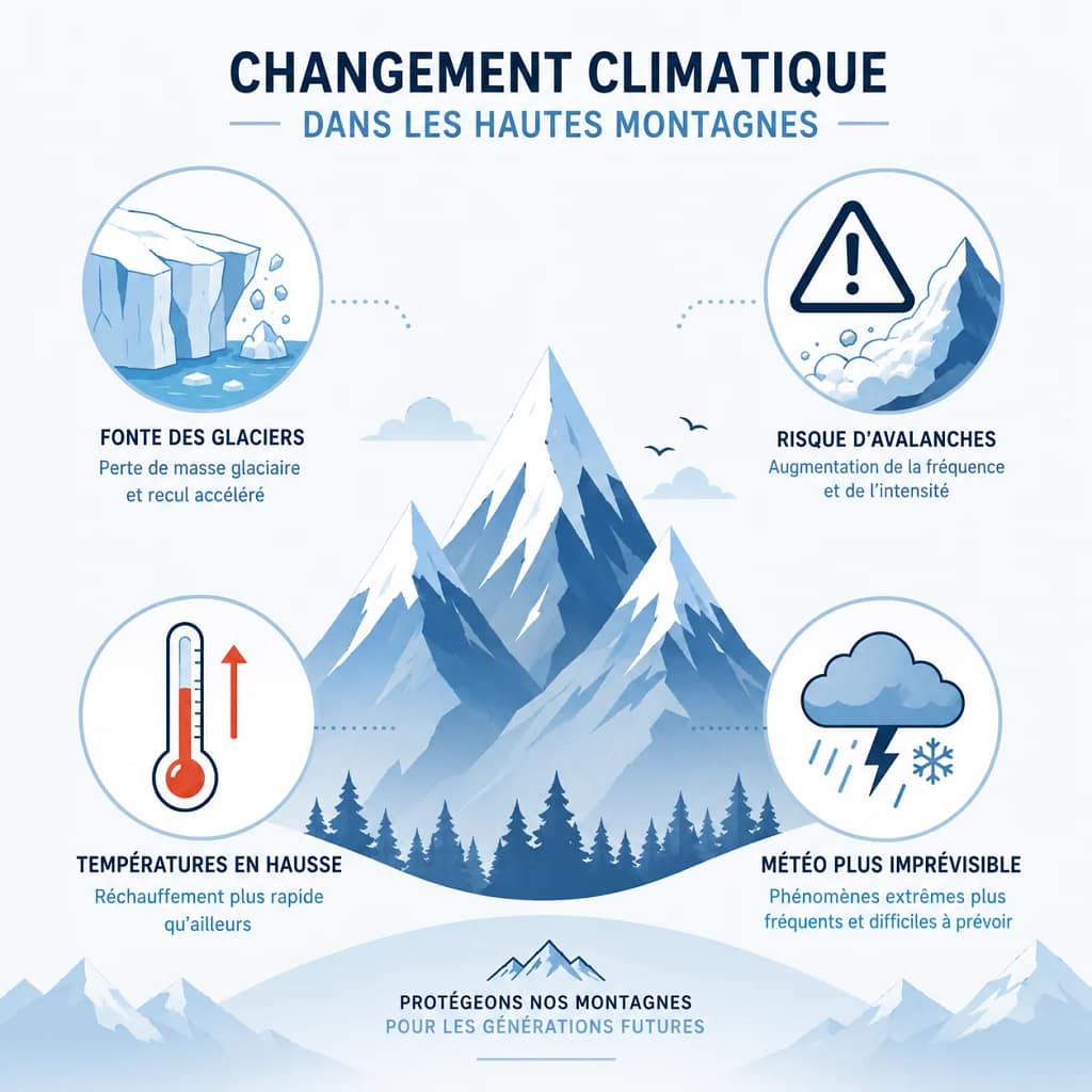Infographie illustrant l'impact du changement climatique sur les glaciers et risques en montagne