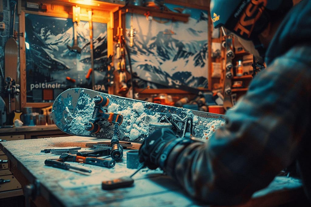 Snowboard enneigé et outils de réparation dans un atelier de montagne