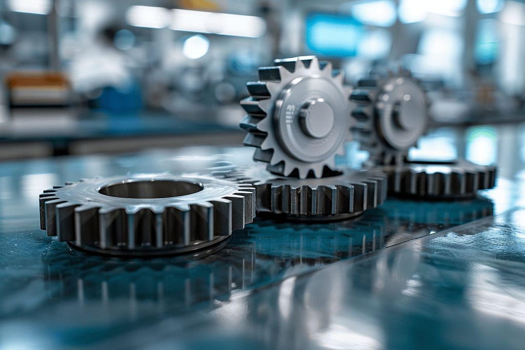 Image de plusieurs engrenages métalliques brillants sur une surface réfléchissante.