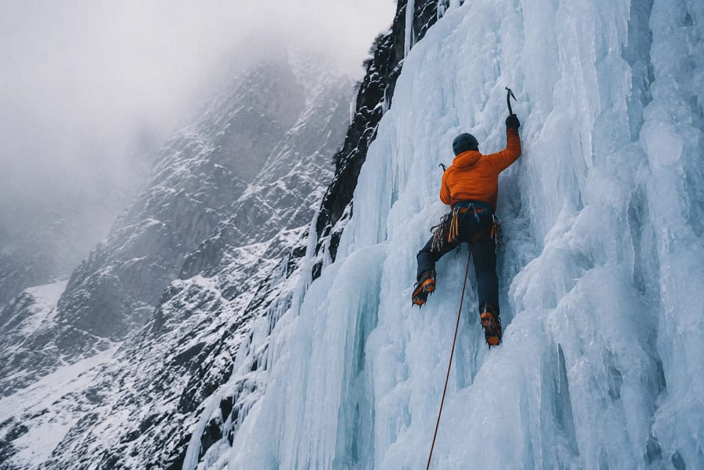 Alpiniste de dos grimpant une cascade de glace avec piolets et crampons