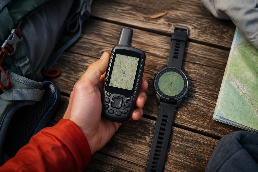 Comparaison entre un GPS portable et une montre GPS posés sur une table en bois