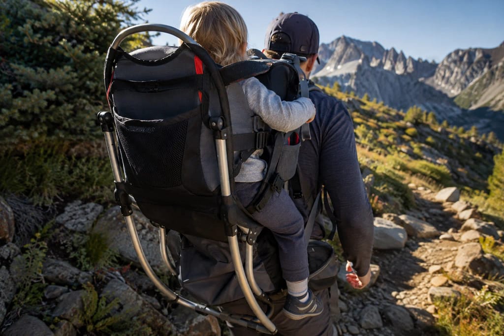 Enfant bien sécurisé par le harnais d'un porte-bébé de randonnée sur un sentier rocheux.