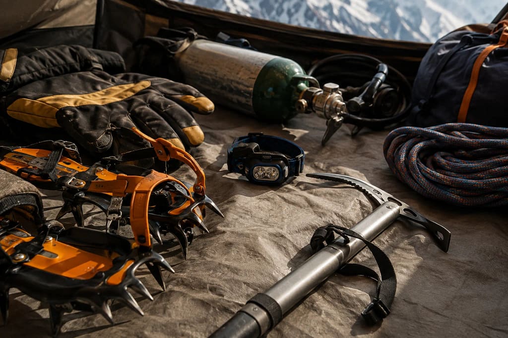 Équipement d'alpinisme de haute altitude préparé avant une expédition : crampons, corde et bouteille d'oxygène