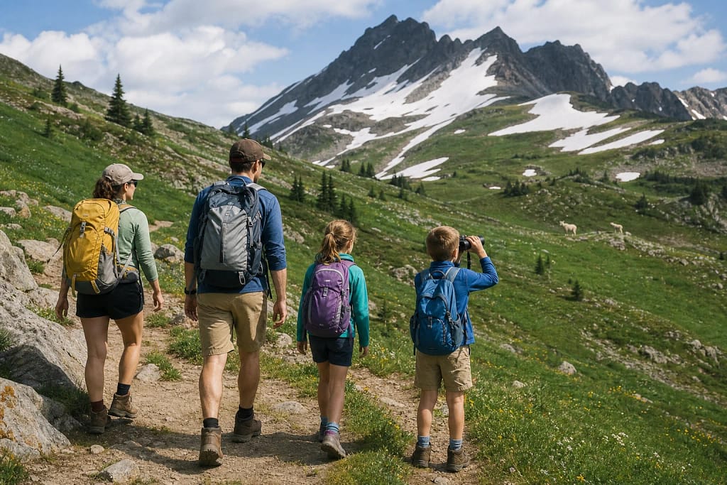 Famille de randonneurs vue de dos près d'une crête enneigée en été