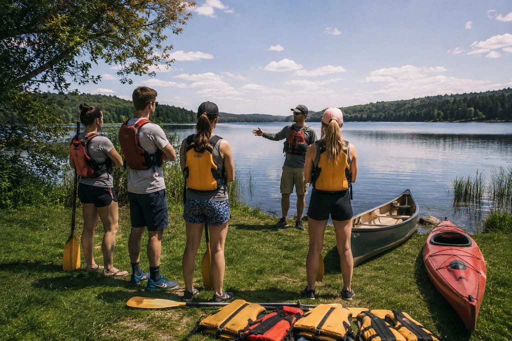 Groupe de débutants s'initiant au canoë et au kayak au bord d'un lac