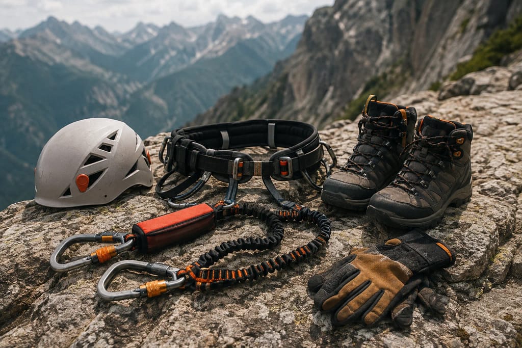 Matériel de sécurité pour via ferrata : casque, baudrier, longe et chaussures adaptées