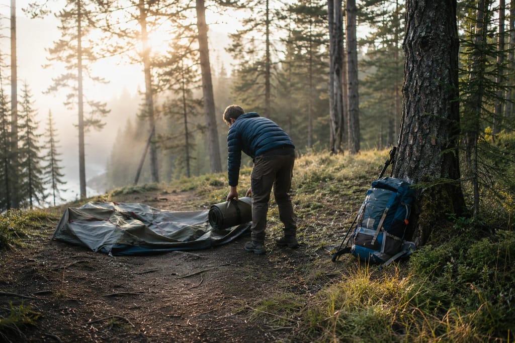 Randonneur pliant son bivouac tôt le matin en forêt