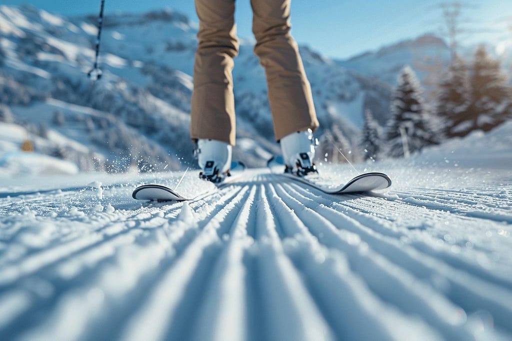Personne skiant sur une piste enneigée dans un paysage montagneux enneigé