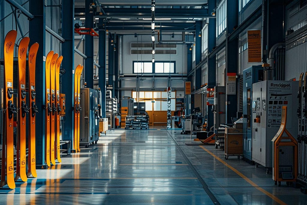 Entrepôt de matériel de ski avec rangées de skis orange