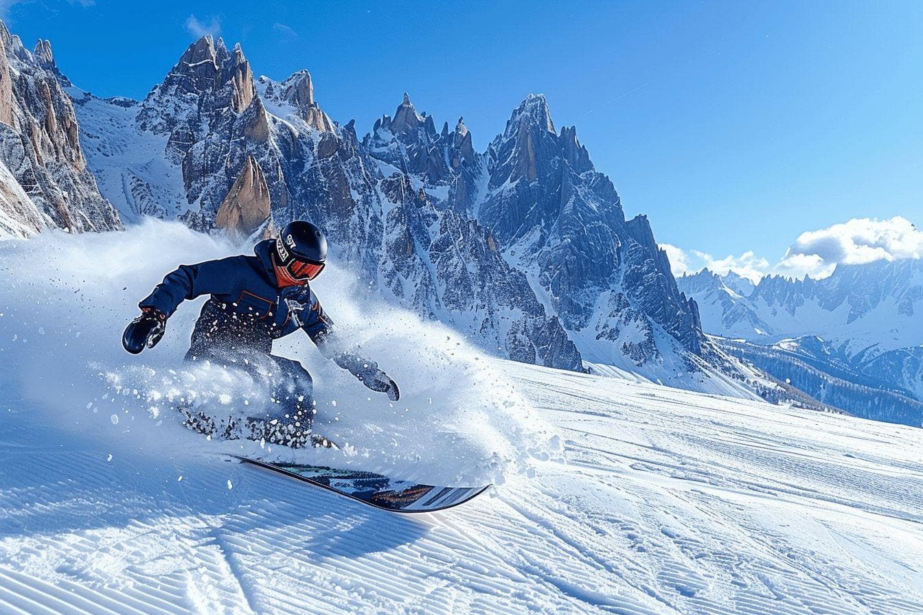 Snowboardeur descendant une pente abrupte avec un paysage montagneux enneigé en arrière-plan