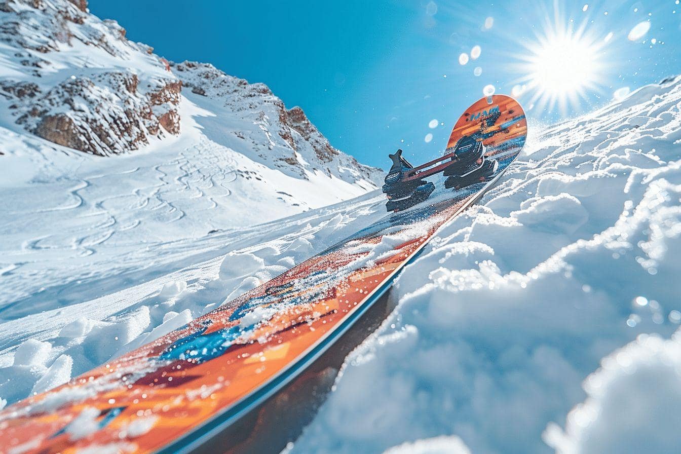 Planche de snowboard colorée sur une pente enneigée avec un ciel bleu et le soleil brillant.
