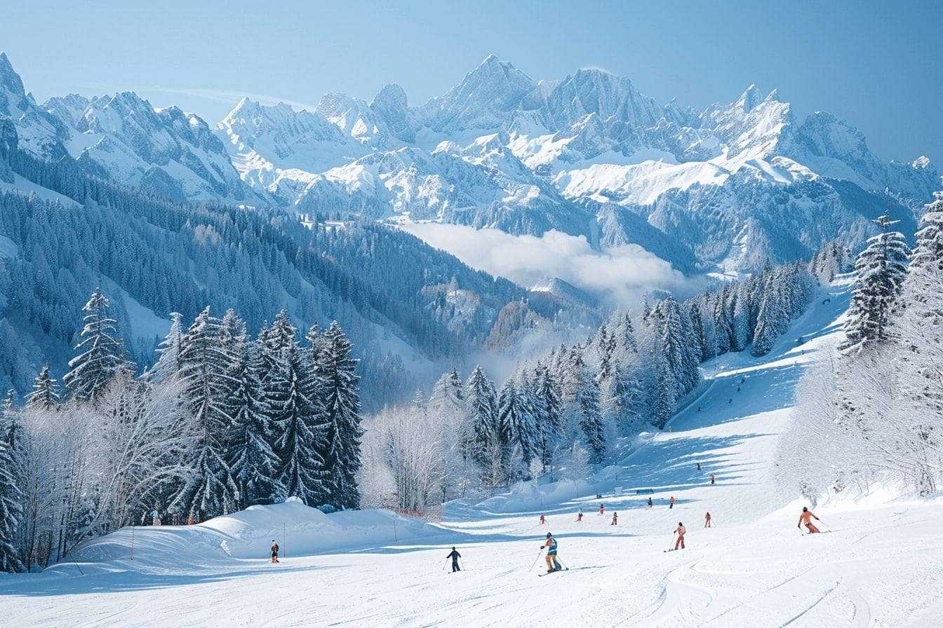 Panorama de montagnes enneigées avec des skieurs sur les pistes