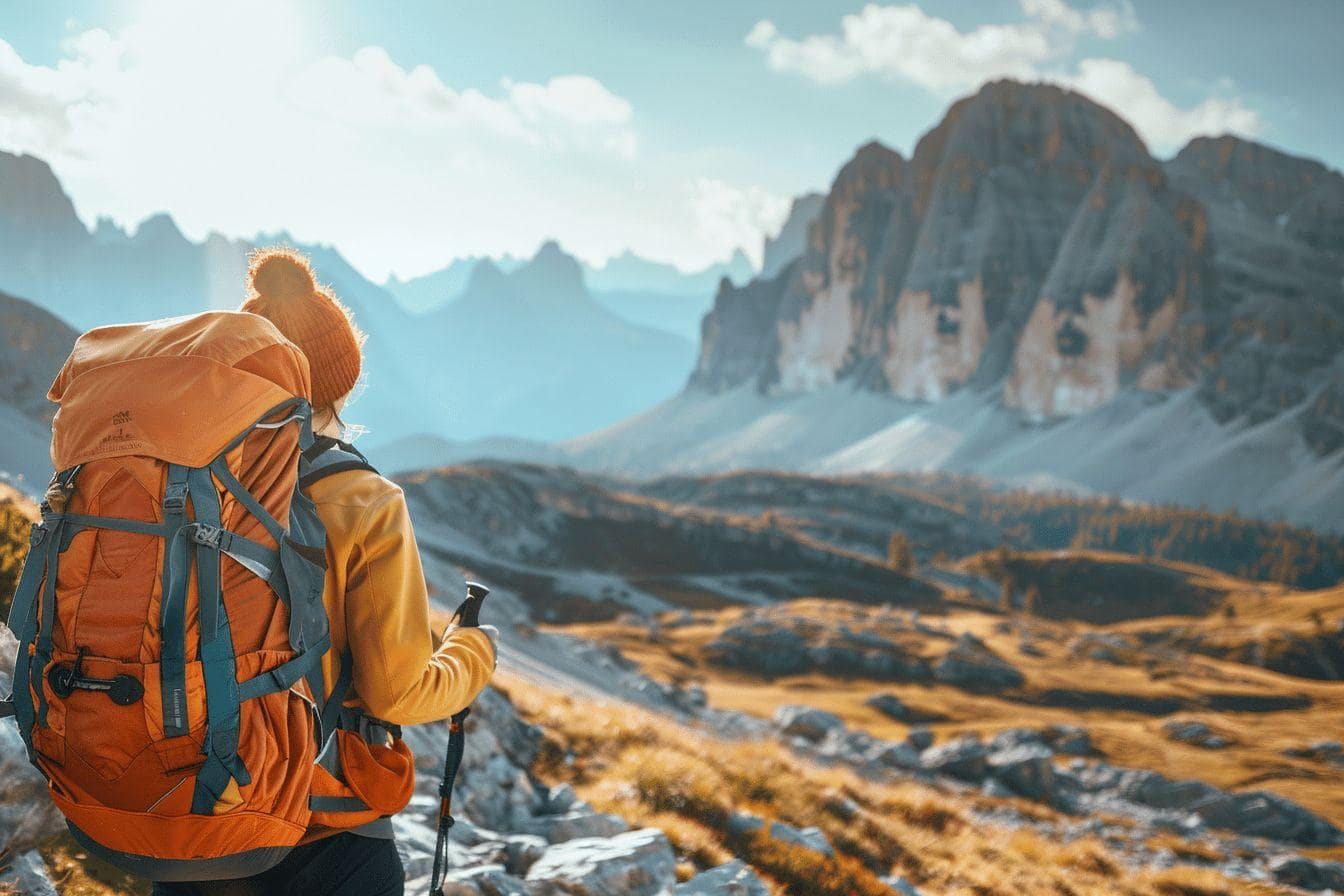 Un randonneur contemple un paysage de montagnes enneigées.