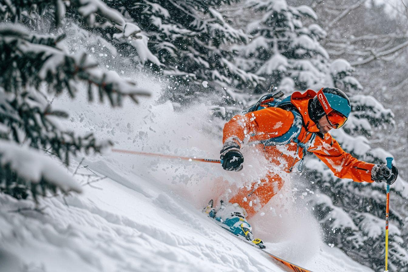 Un skieur en tenue orange plonge dans une neige fraîchement tombée.