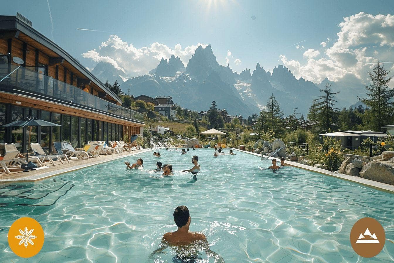 Personnes se baignant dans une piscine avec vue sur les sommets