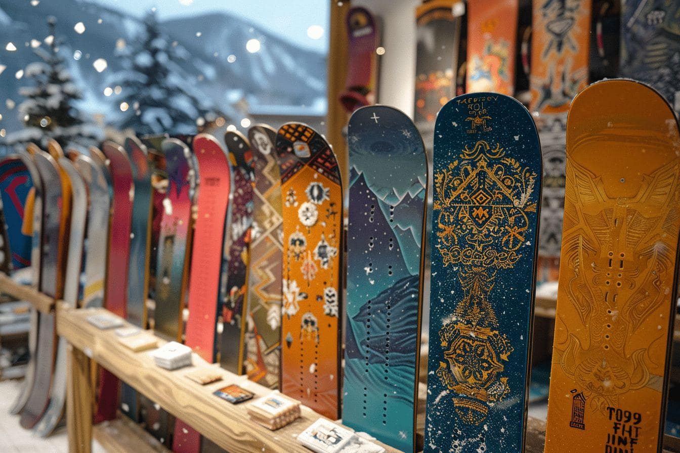 Rangée de snowboards aux designs variés et colorés dans un magasin.
