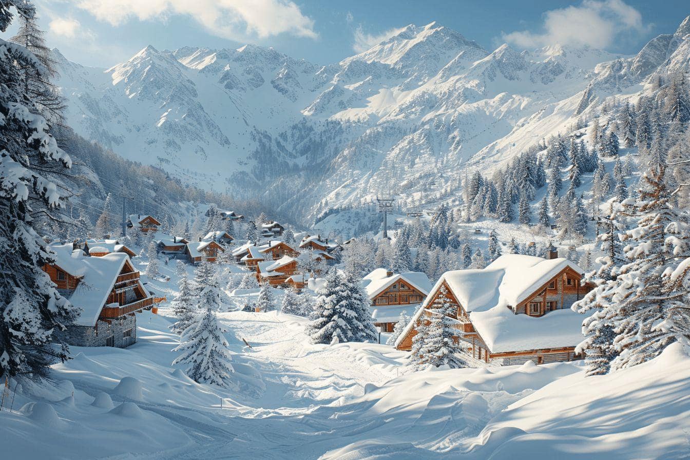 Village de chalets en bois enneigés dans les Alpes suisses
