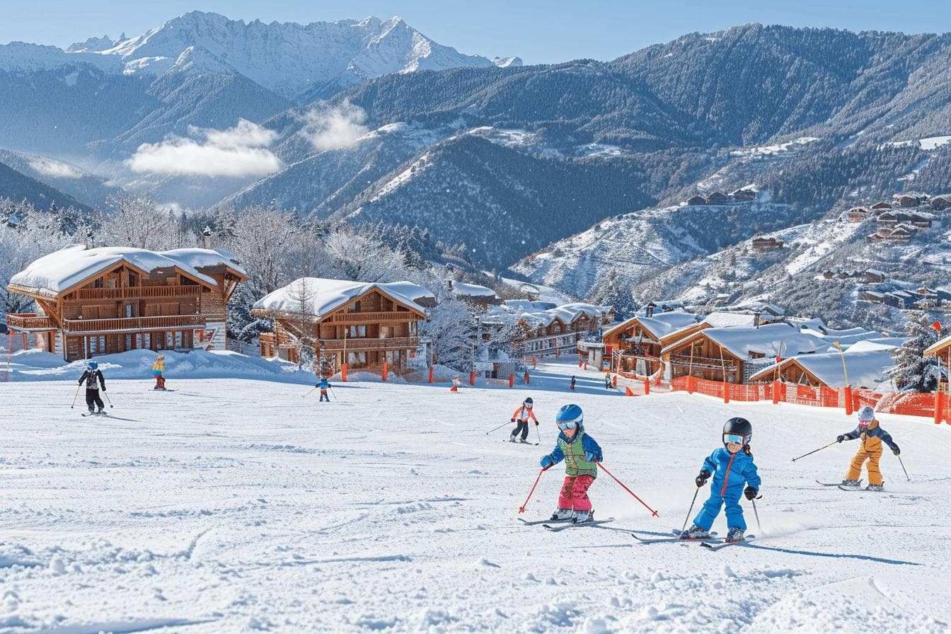 Scène de ski dans un village alpin avec chalet en bois