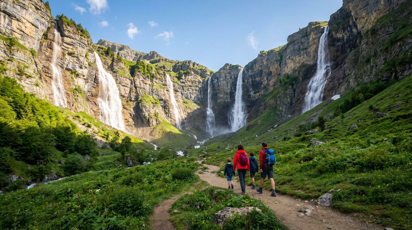 Famille en randonnée sur un sentier du Cirque du Fer-à-Cheval, entourée de majestueuses cascades et de montagnes verdoyantes.