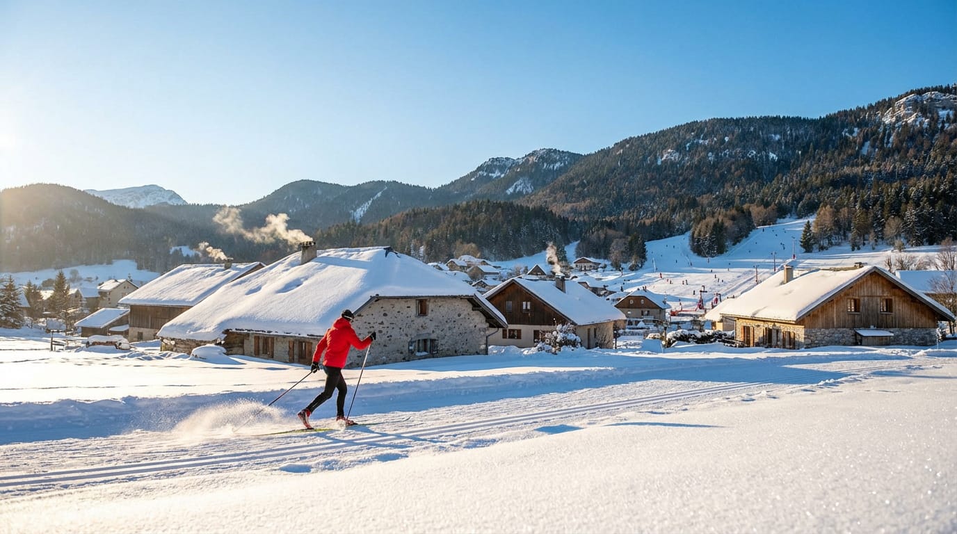 Skieur de fond en rouge sur une piste de Corrençon en Vercors, avec des chalets enneigés et montagnes boisées sous un ciel clair.