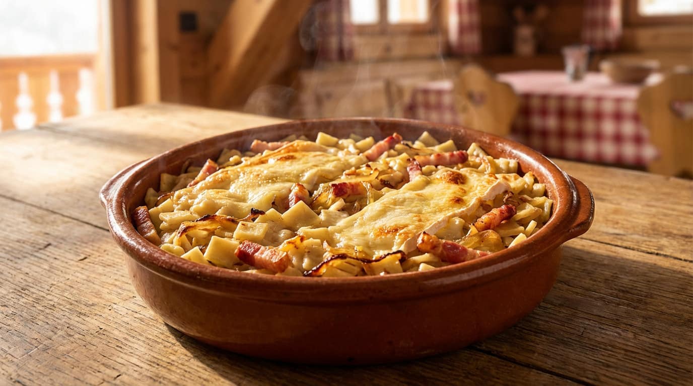 Croziflette fumante et dorée dans un plat en terre cuite sur une table en bois rustique, avec un intérieur de chalet en arrière-plan.