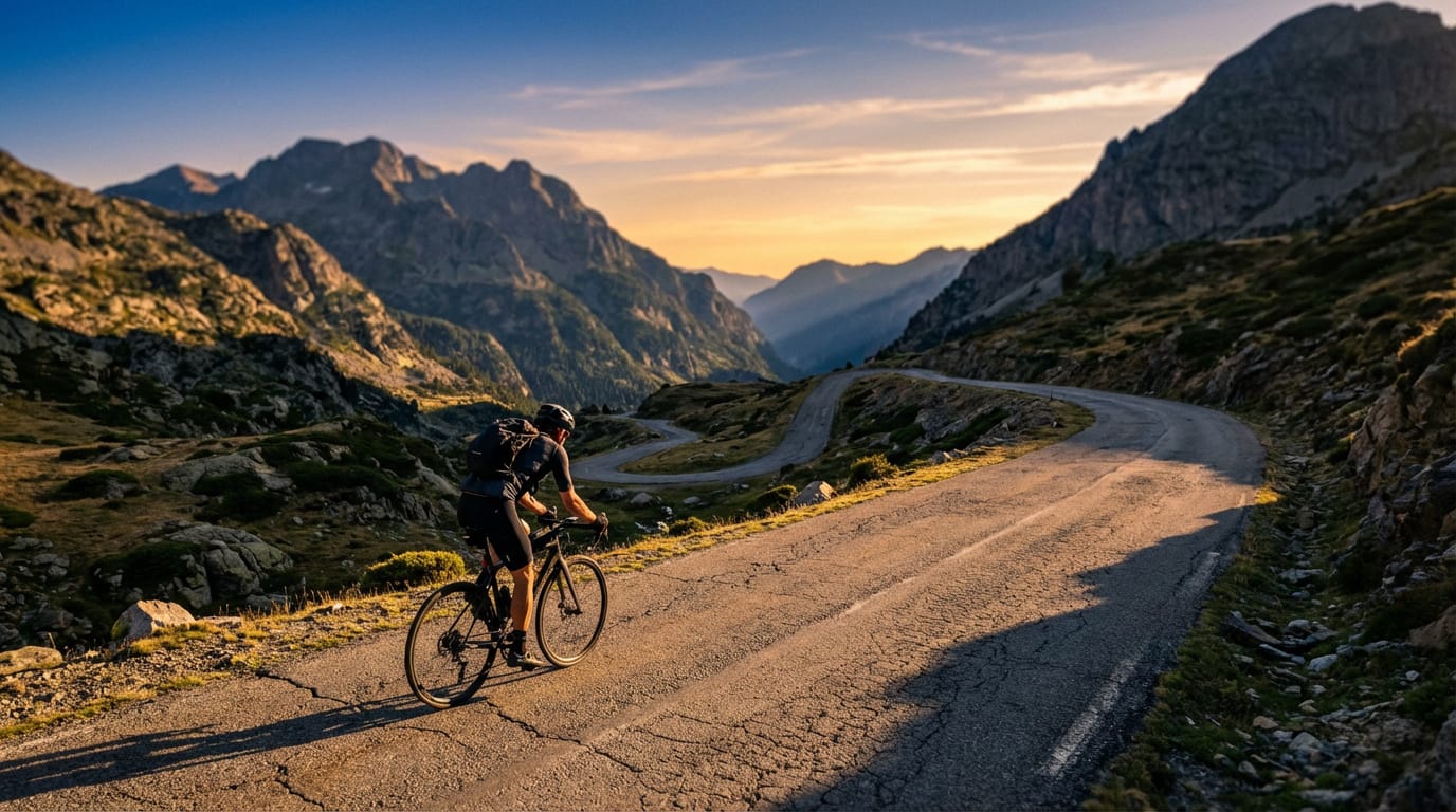 Cycliste sur la route sinueuse du Col du Portet au coucher du soleil, entouré de montagnes pyrénéennes escarpées.