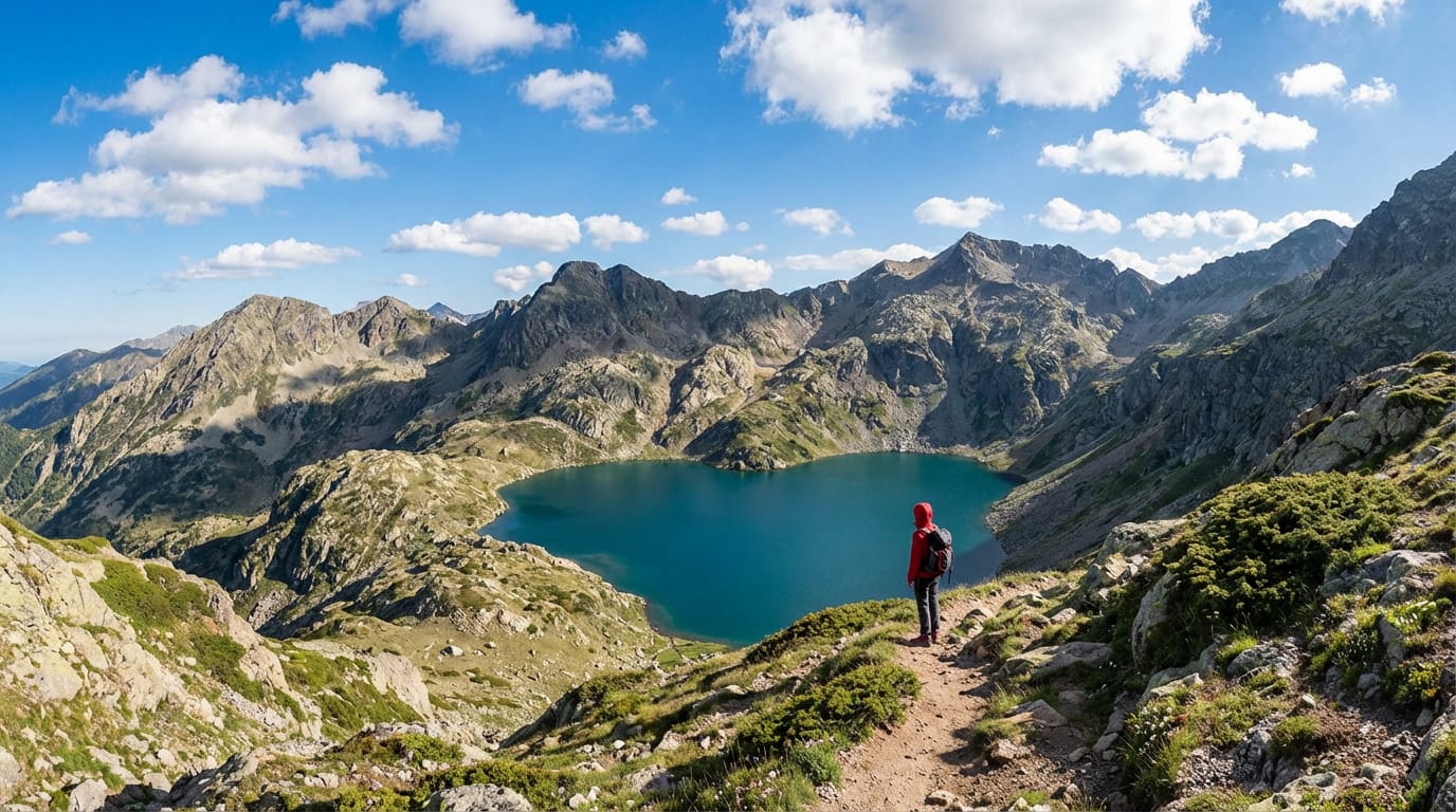 Randonneur contemplant le lac du Montagnon, un lac bleu profond en forme de cœur niché entre des montagnes rocheuses sous un ciel clair.