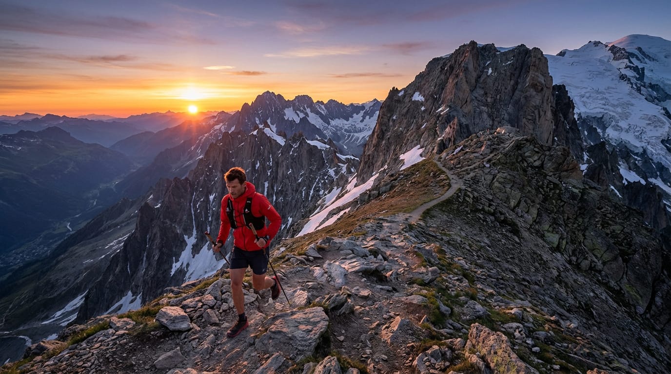 Un traileur sur un sentier de crête rocheux au lever du soleil, face à un panorama montagneux enneigé incluant le Mont Blanc.