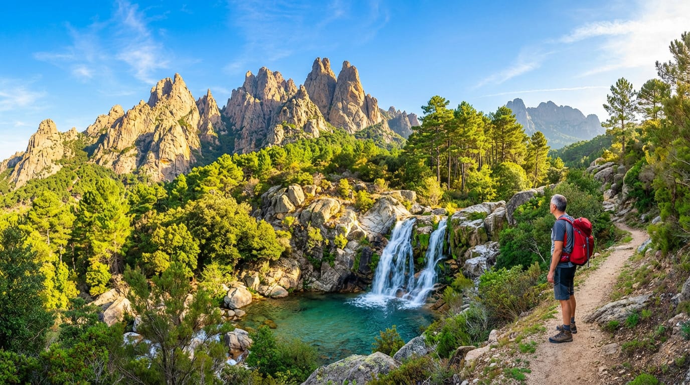 Un randonneur en Corse devant une cascade et une piscine naturelle aux pieds des Aiguilles de Bavella et d'une forêt luxuriante.