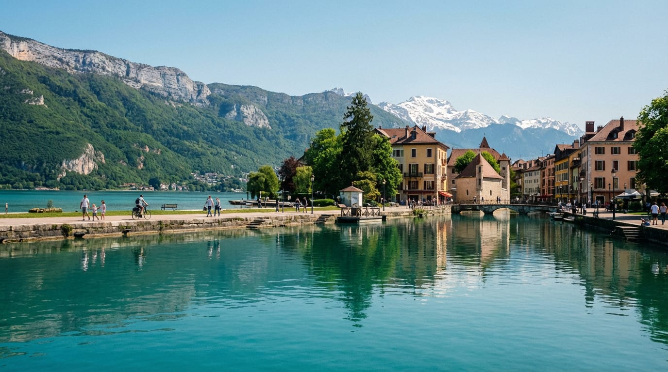 Canal turquoise d'Annecy avec ses rives, bâtiments colorés, promeneurs et l'arrière-plan des montagnes alpines et enneigées.