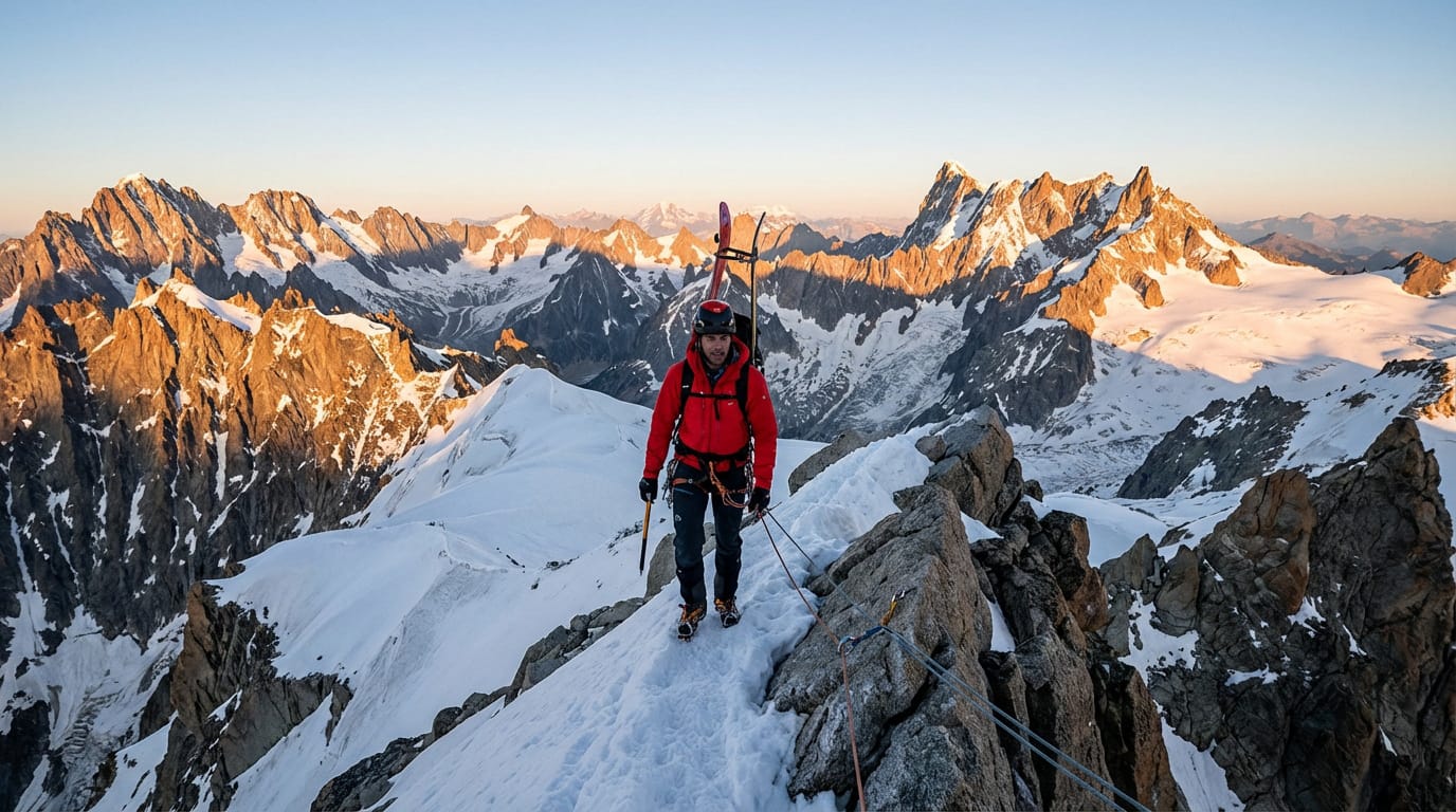 Alpiniste en rouge avec skis sur le dos, progressant sur une arête rocheuse et enneigée de montagnes baignées de lumière dorée.