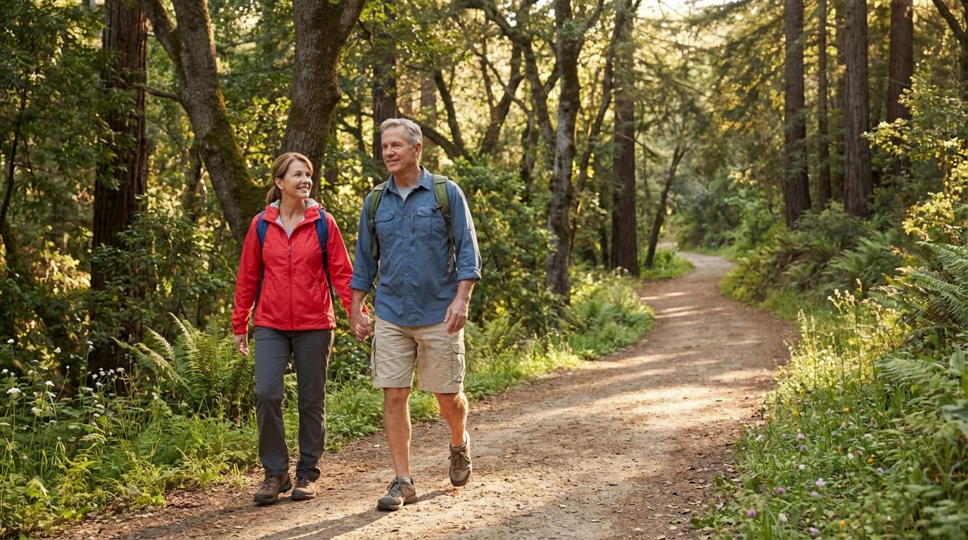 Couple senior souriant marchant main dans la main sur un sentier forestier ensoleillé. Ils portent des vêtements de randonnée.