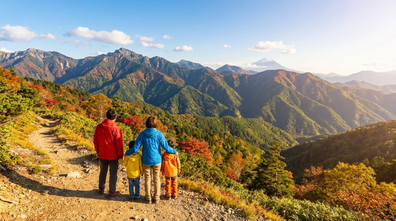 Famille de dos admirant un vaste paysage montagneux japonais en automne, avec le Mont Fuji enneigé à l'horizon.