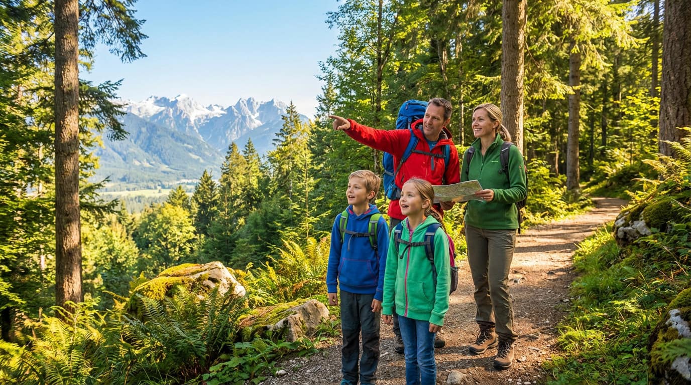 Famille en randonnée sur un sentier boisé. Le père pointe des montagnes enneigées au loin, la mère tient une carte. Enfants émerveillés.
