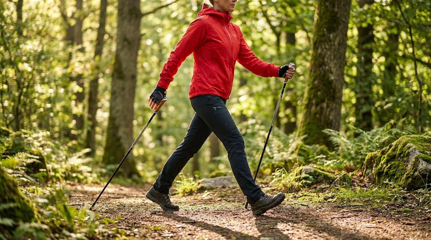 Femme pratiquant la marche nordique sur un sentier forestier ensoleillé, vêtue d'une veste rouge et utilisant des bâtons.
