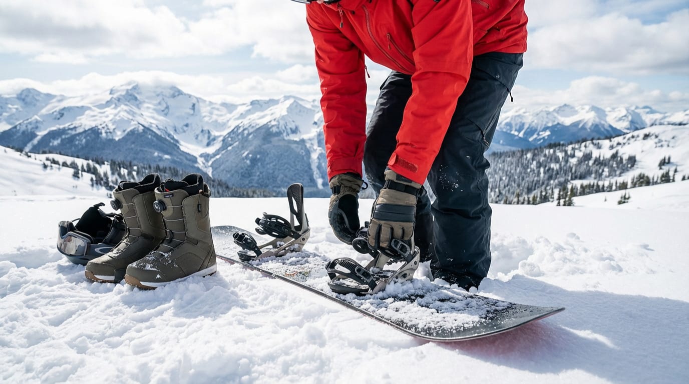 Gros plan sur une personne ajustant son snowboard et ses fixations, bottes et casque à proximité, avec un fond de montagnes enneigées.