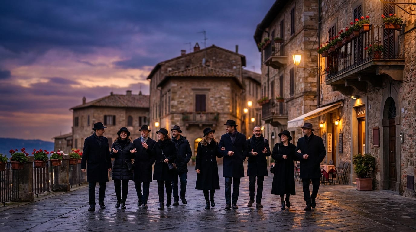 Neuf personnes élégantes en manteaux et chapeaux noirs se promènent sur une rue pavée d'une ville historique italienne au crépuscule.