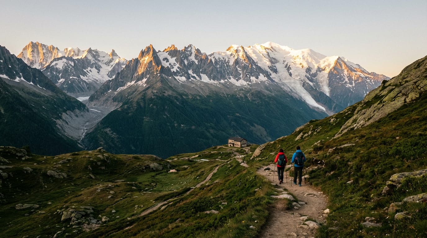Deux randonneurs marchent sur un sentier rocailleux vers un refuge de montagne, avec les sommets enneigés du Mont Blanc illuminés par le soleil levant en arrière-plan.