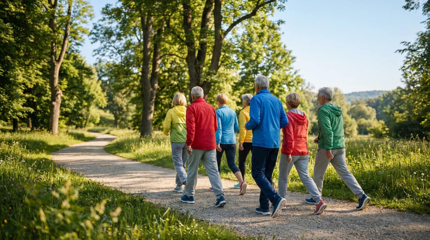 Groupe de six seniors, vêtus de tenues de sport colorées, marche activement sur un sentier en forêt par une journée ensoleillée.