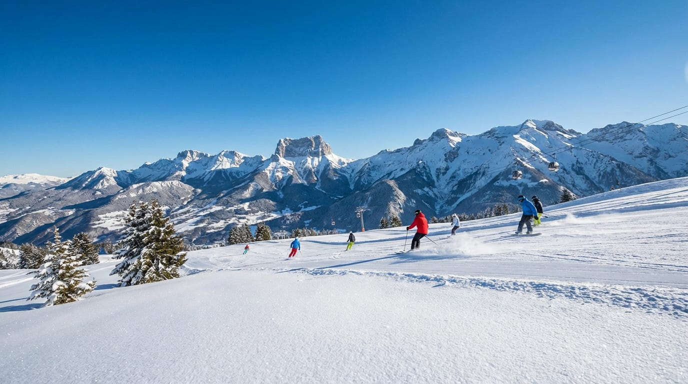 Piste de ski à Villard-de-Lans un jour ensoleillé. Skieurs descendent sur neige fraîche, avec montagnes enneigées et ciel bleu lumineux.