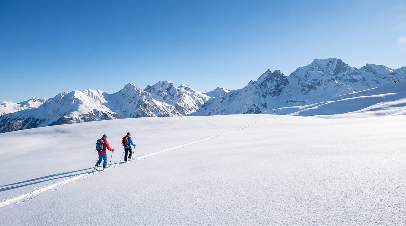 Deux skieurs de randonnée progressent sur un plateau enneigé. Des montagnes imposantes dominent l'horizon sous un ciel bleu limpide.